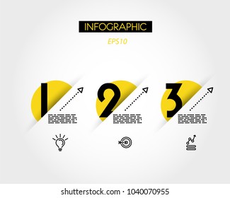 three yellow infographic options with big black numbers, concept of arrows