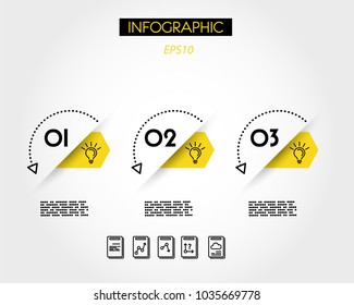 Three Yellow Infographic Pointers With Dotted Arc Arrow, Concept Of Options