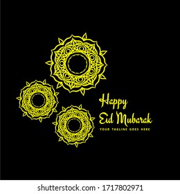 Three yellow Islamic Mandala Logo Template in black background for islamic event, eid party, greeting card, Eid Mubarak, and many more.