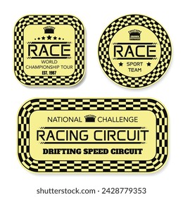 Three yellow labels with checkered pattern and sample text for race tournament and racing designs