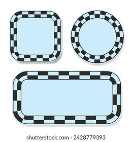 Three yellow labels with checkered pattern and sample text for race tournament and racing designs
