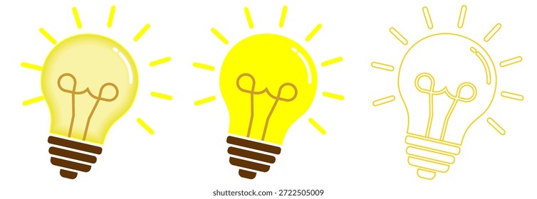 Tres iconos de bombilla amarilla que representan ideas e innovación, con una versión sombreada, una versión verde sólida y un contorno