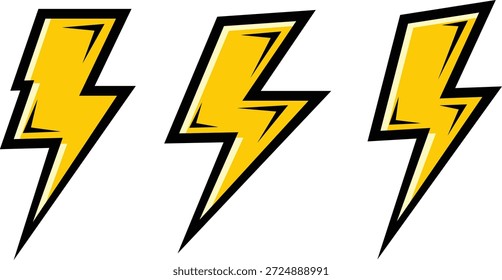 Tres símbolos amarillos del rayo con el blanco y negro perfila la energía eléctrica