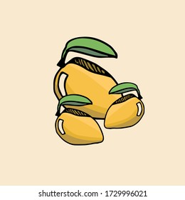 Drei gelbe Mangos mit einem Zweig und Blatt von verschiedenen Größen. Vector Bild von Mango. Gelbes Mango-Logo. Gelber Hintergrund.Frucht für Saft, Maske, Nachtisch