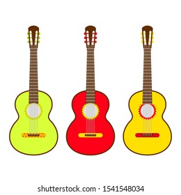 Three Yellow Mexican guitar set. Vector isolated illustration on white background.  Music icons and melody template