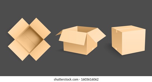 Three Yellow Opened Cardboard Box Mockup Vector Illustration Isolated on Dark Background