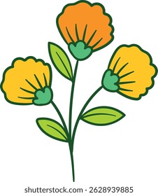 Three yellow orange flowers with leaves illustration