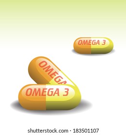Three yellow pills with the text omega three isolated on a blank background