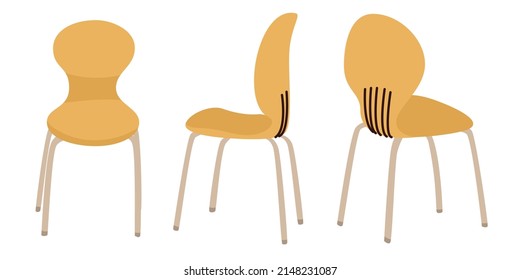 Three yellow plastic chairs from different angles. Furniture for a cafe, restaurant or dining room, Meeting room. Talking together concept. Flat style in vector illustration. Isolated elements. 