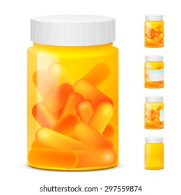 Three yellow plastic medicine bottles empty and filled with pills. Realistic vector illustration