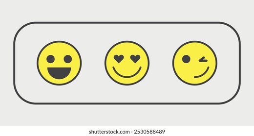 Tres emojis amarillos positivos en un marco. Vector sobre un fondo gris