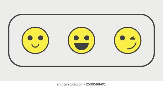 Três emojis positivos amarelos em uma moldura. Vetor em um plano de fundo cinza