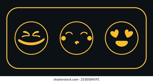 Tres emoticonos amarillos positivos en un marco. Vector sobre un fondo negro
