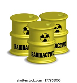 Three yellow radioactive barrels isolated on a white background