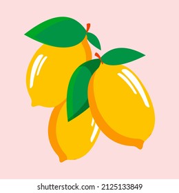 Three yellow ripe lemons with leaves. Cute yellow citrus fruits on a gentle pink background in a flat style. Vector.