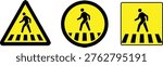 Three yellow road signs with black pedestrian crossing symbols