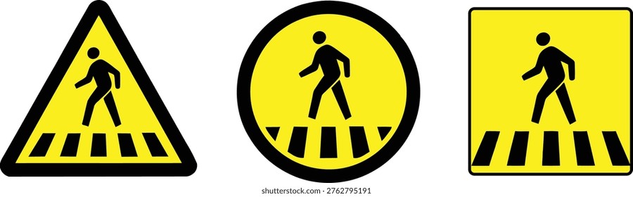 Three yellow road signs with black pedestrian crossing symbols