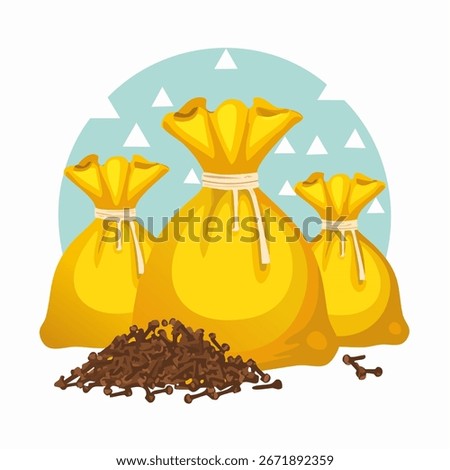 Three yellow sacks overflowing with cloves of brown color are placed on a pile of cloves