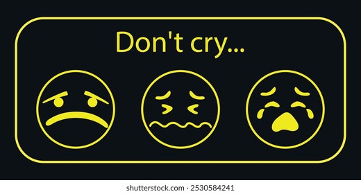 Three yellow sad emoticons in a frame. Vector on a black background
