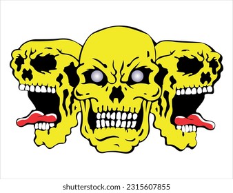 three yellow skulls with teeth and tongue sticking out