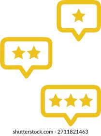 Three yellow speech bubble icons representing customer feedback and star ratings on a white background