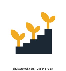 Tres brotes amarillos ascienden escalones negros, simbolizando el crecimiento; diseño plano y minimalista, luz brillante, sentimiento optimista, Formas simples, líneas limpias, estilo gráfico, vista de cerca.
