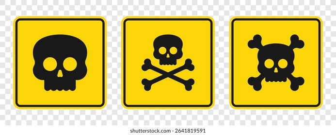 Three yellow square signs featuring variations of the skull and crossbones symbol. They warn of potential hazards. Each sign offers a slight modification of the skull emblem.