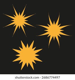 Three yellow starbursts. Bright explosion graphic. Dynamic light shape. Vector dark background. EPS 10.