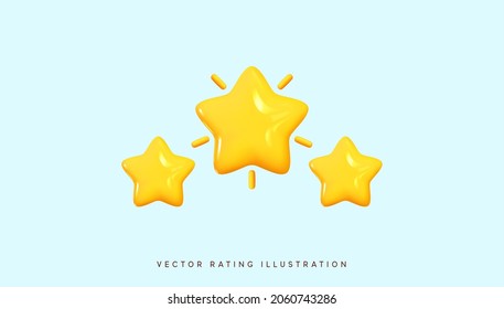 Three yellow stars glossy colors  Achievements for games  Customer rating feedback concept from client about employee website  Realistic 3d design  For mobile applications  Vector illustration