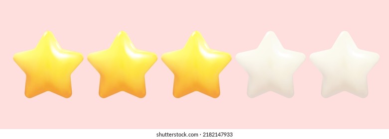 Three yellow stars glossy colors. Achievements for games. Customer rating feedback concept from client about employee of website. 3d design. Vector illustration