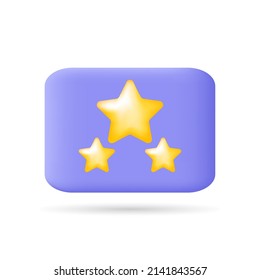 Three yellow stars on a lilac block. Achievements for games. The concept of rating and achievements. Realistic 3d design. Vector illustration