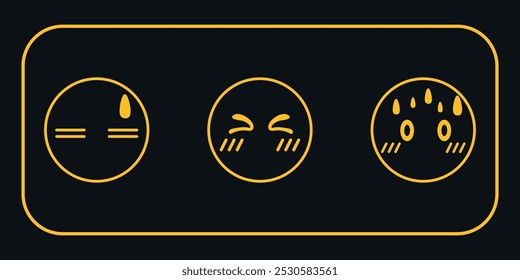 Tres emoticonos tensos amarillos en un marco. Vector sobre un fondo negro