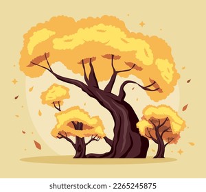 three yellow trees forest scene