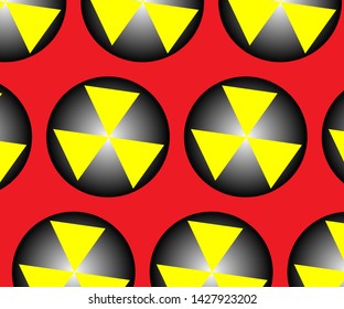 Three yellow triangles in a black and white gradient circle vector pattern on a red background 