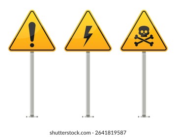 Three yellow triangular warning signs are set on silver posts outdoors. The signs warn of a potential hazard, high voltage, and poison or a toxic hazard.