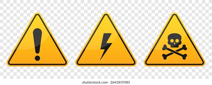 Three yellow warning signs with black borders displayed against a translucent background. The left sign has an exclamation point, the middle a lightning bolt, and the right a skull.