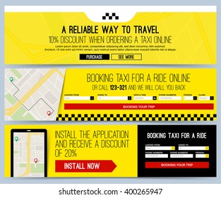 Three yellow Web Banner concept for booking taxi online.
