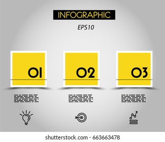 three yellow_infographic squares with line,  concept of options