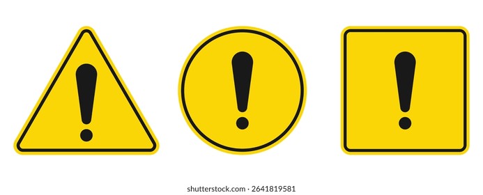 Three yellow-colored signs in different shapes depict warning symbols. The shapes are a triangle, a circle, and a square, each containing a black exclamation point symbol.