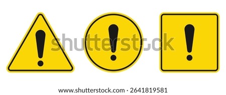 Three yellow-colored signs in different shapes depict warning symbols. The shapes are a triangle, a circle, and a square, each containing a black exclamation point symbol.