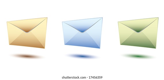 three yeloow, blue and green set of envelopes