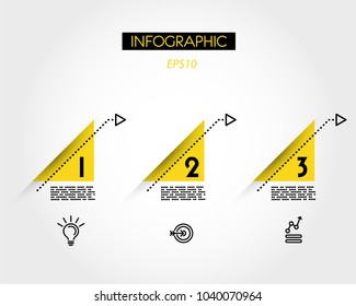 three yelow triangular infographic options with arrow, concept of steps