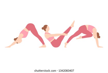Three yoga position in style of flat vector illustration. Pink clothes on woman. Trendy fashion image. Yoga pos and asana. Isolated on white background.