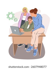 Three young adults collaborating at a desk with a laptop, flat cartoon style on white background with gear icons, concept of teamwork and productivity. Vector illustration