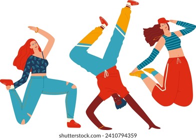 Three young adults dancing hip-hop in colorful attire, showing dynamic poses and happy faces. Urban dance moves, street fashion, youth culture vector illustration.