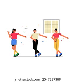 Three Young Adults Dancing Indoors In Flat Vector Illustration Symbolizing Fitness, Fun, And Group Activities, Isolated On White Background