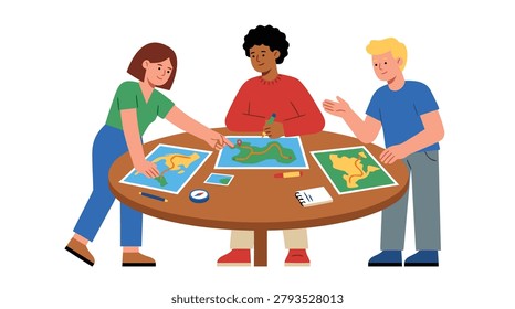 Three young adults of different ethnicities are gathered around a table, engaged in a board game, showing teamwork and fun.