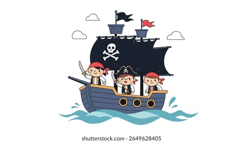 Três jovens piratas aventureiros navegando em um navio através de águas onduladas sob um céu nublado