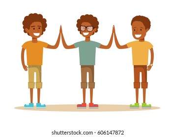 Three Young African American boy giving each other a high five. Cartoon character illustration Isolated on white background. Stock vector for poster, greeting card, website, ad.