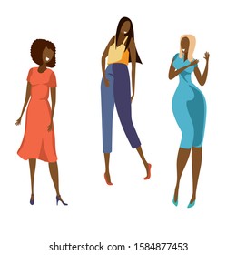Three young African American women in bright light clothes are dancing merrily. Characters isolated on white background.